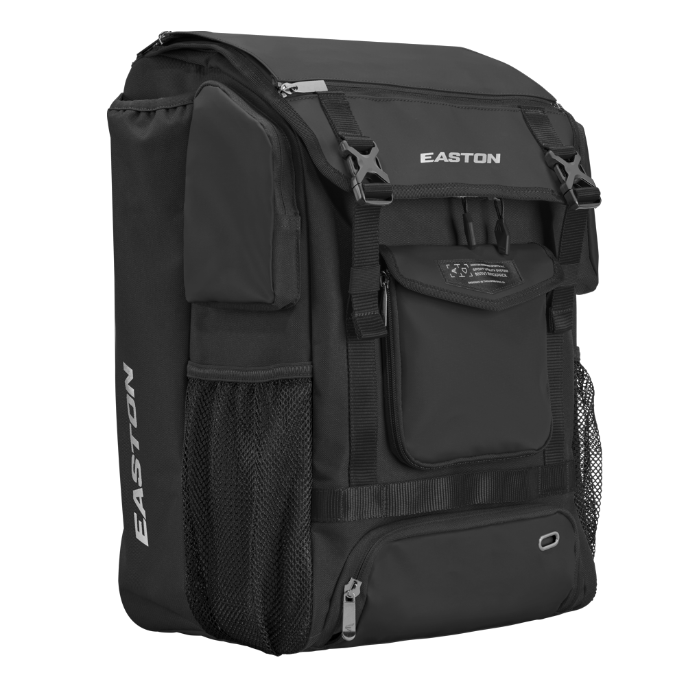The Easton MAV1 Backpack: MAV1BP is a spacious black gear bag with multiple zippered compartments, mesh side pockets, and bold EASTON branding—ideal for carrying all your baseball essentials.