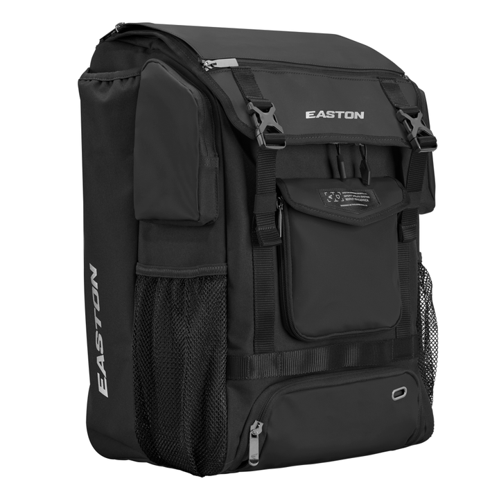 The Easton MAV1 Backpack: MAV1BP is a spacious black gear bag with multiple zippered compartments, mesh side pockets, and bold EASTON branding—ideal for carrying all your baseball essentials.