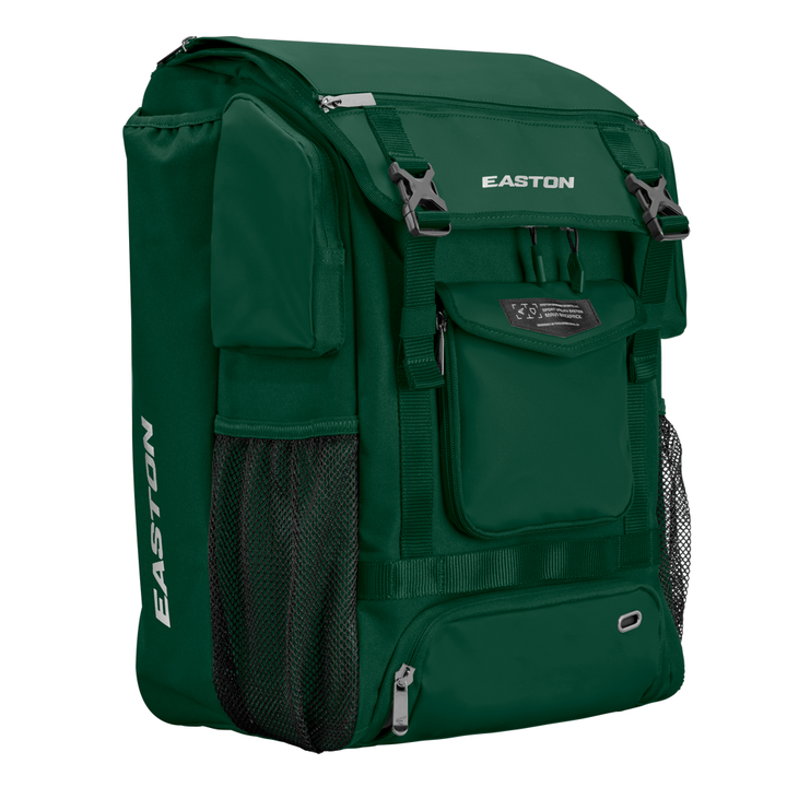 The Easton MAV1 Backpack: MAV1BP is a large dark green gear bag with side mesh pockets, front zippered compartments, and sturdy black buckles—perfect for carrying all your athletic or baseball equipment.