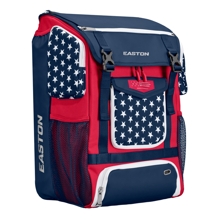 The Easton MAV1 Backpack: MAV1BP features star patterns, mesh side sleeves, and multiple compartments—a spacious, high-capacity gear bag ideal for baseball players.