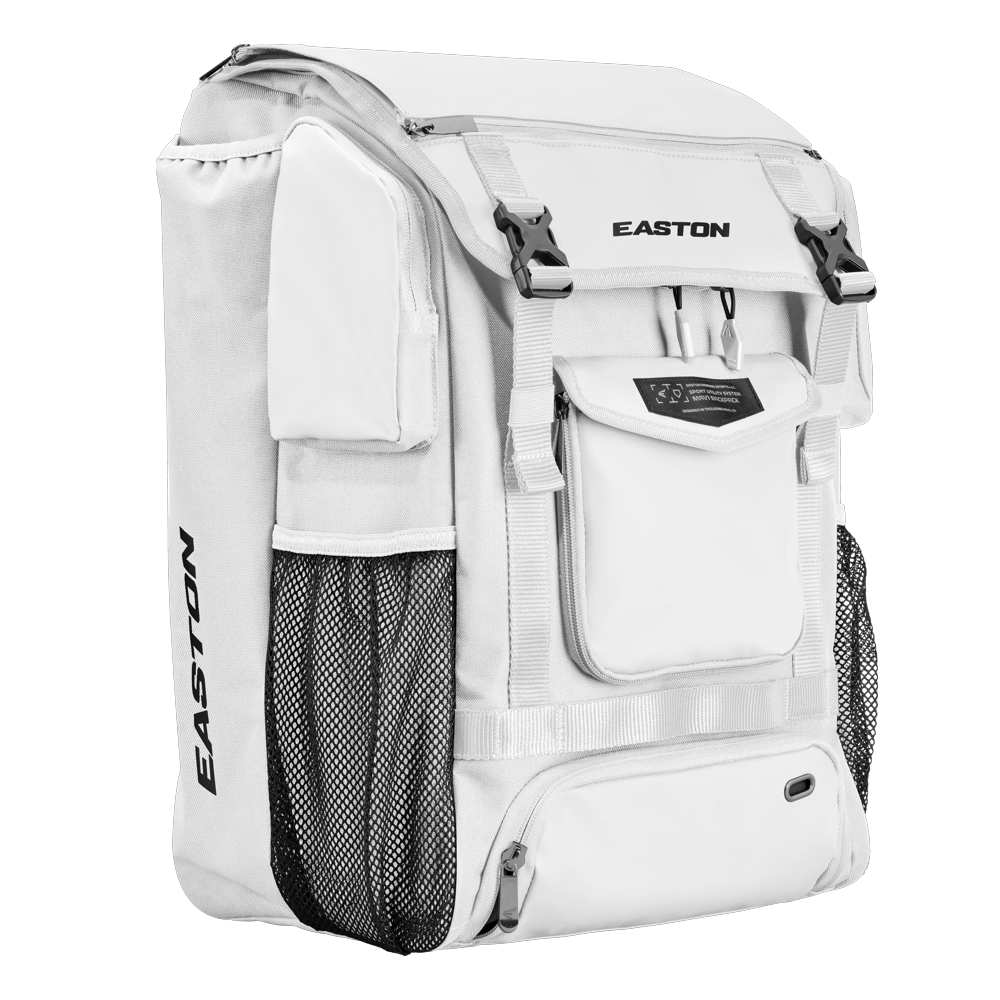 The Easton MAV1 Backpack (MAV1BP) features multiple compartments, mesh side pockets, black zippers and buckles, and the Easton logo on the front and side. This spacious gear bag stands upright on a plain white background.