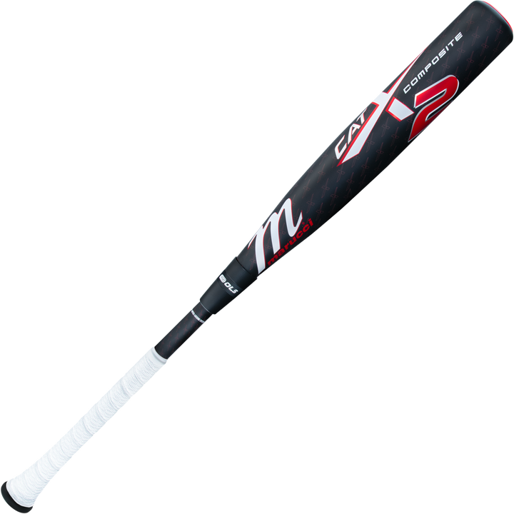 A black and red 2025 Marucci CATX2 Composite (-3) BBCOR Baseball Bat (MCBCCPX2), a two-piece model with a white grip, is displayed diagonally on a plain background.