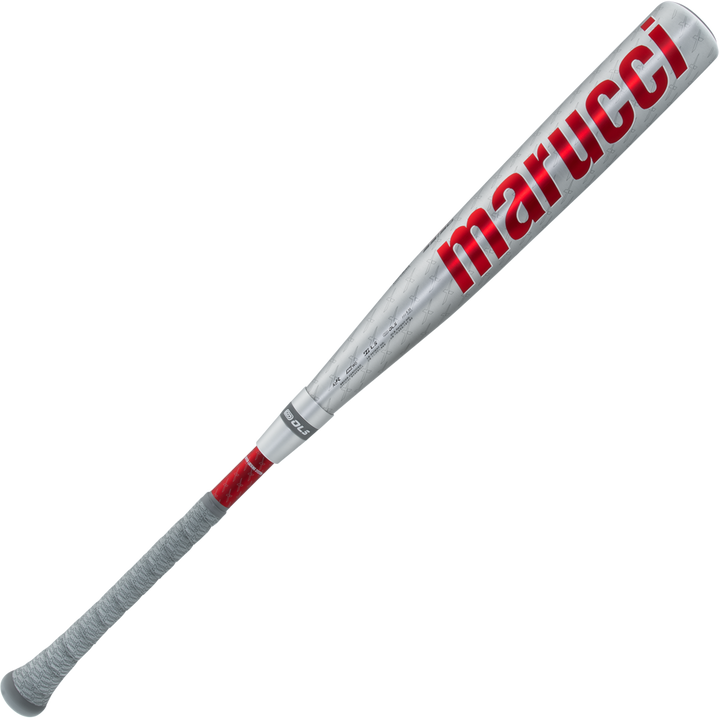 The 2025 Marucci CATX2 Connect (-3) BBCOR Baseball Bat features a silver metal barrel, gray grip, red accents, large red Marucci branding, and advanced anti-vibration technology for a smoother swing.