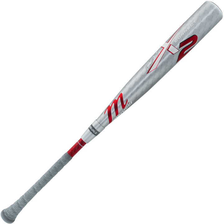 The 2025 Marucci CATX2 Connect (-3) BBCOR Baseball Bat (MCBCCX2) features a silver design with red and gray accents, a wrapped handle, advanced anti-vibration tech, and a bold red “2” near the barrel.