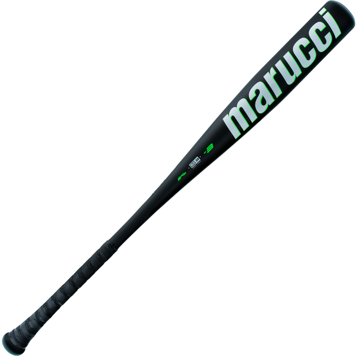 The 2025 Marucci Code (-3) BBCOR Baseball Bat (MCBCD) features a black design, textured grip, bold green Marucci lettering on the barrel, and durable AZ75 alloy construction for exceptional performance.