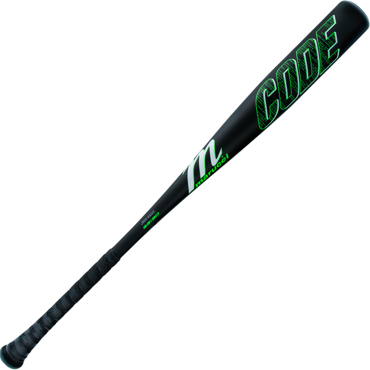 The 2025 Marucci Code (-3) BBCOR Baseball Bat (MCBCD) features a black design with green text and is crafted from durable AZ75 alloy for lasting performance.