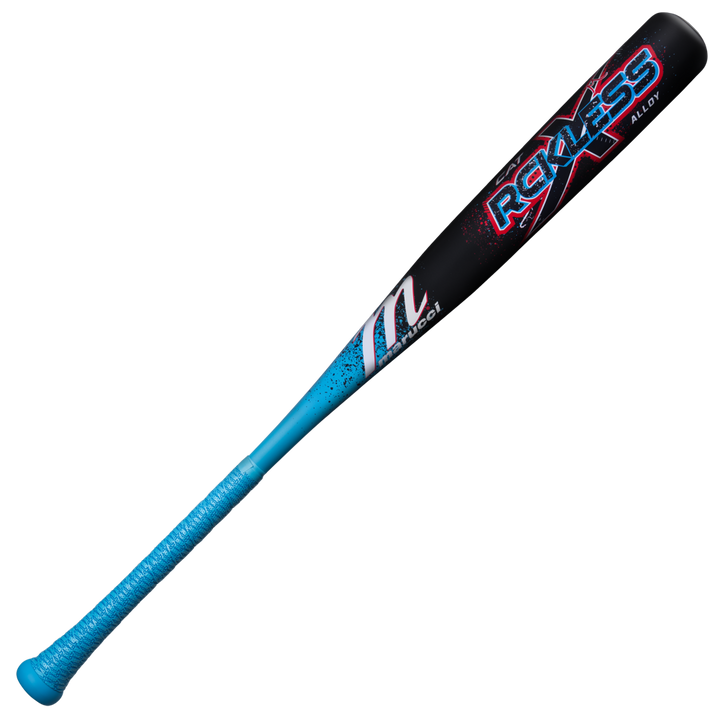 The Marucci 2026 CAT X RCKLESS (-3) BBCOR Baseball Bat (MCBCR) features a sleek black and blue design with bold branding and a textured blue grip handle.