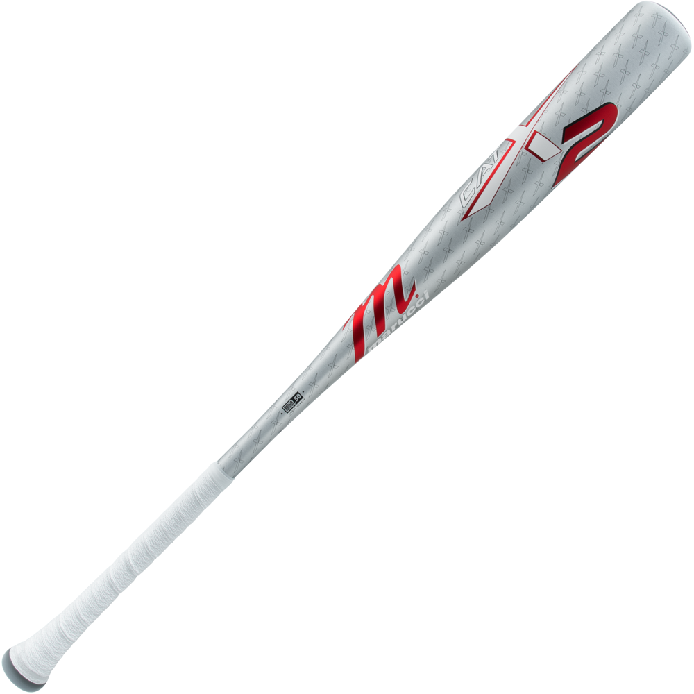 The 2025 Marucci CATX2 (-3) BBCOR Baseball Bat (MCBCX2) features a silver design with red and white accents, a white grip, anti-vibration technology, and bold red Marucci branding near the barrel.