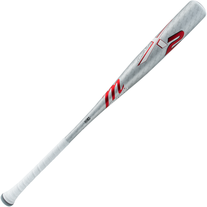 The 2025 Marucci CATX2 (-3) BBCOR Baseball Bat (MCBCX2) features a silver design with red and white accents, a white grip, anti-vibration technology, and bold red Marucci branding near the barrel.
