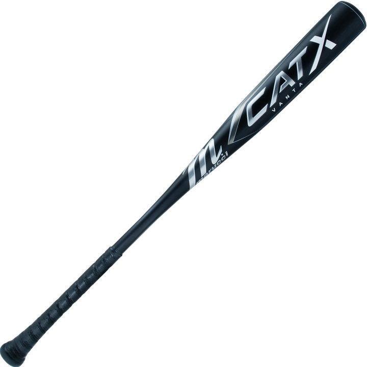 The 2024 Marucci CATX Vanta (-3) BBCOR Baseball Bat (MCBCXV) features a black design with silver and white lettering, an optimized barrel profile, and a textured grip handle for balance, displayed on a plain white background.