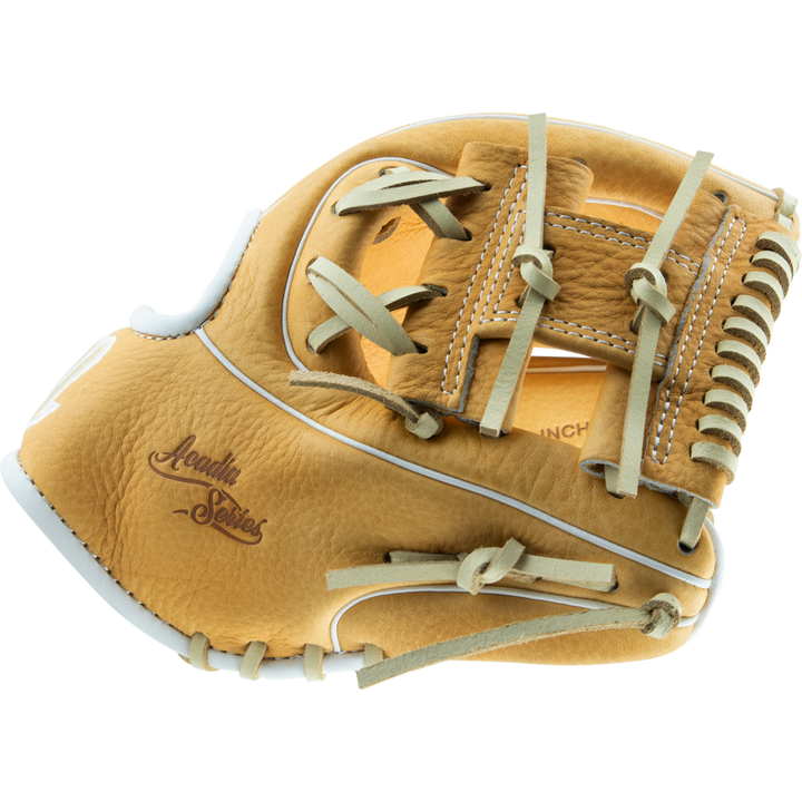 The Marucci Acadia 41A2 11" Baseball Glove (MFG2AC41A2) features tan full-grain cowhide leather, professional-grade rawhide laces, and Acadia Series branding, shown against a white background.