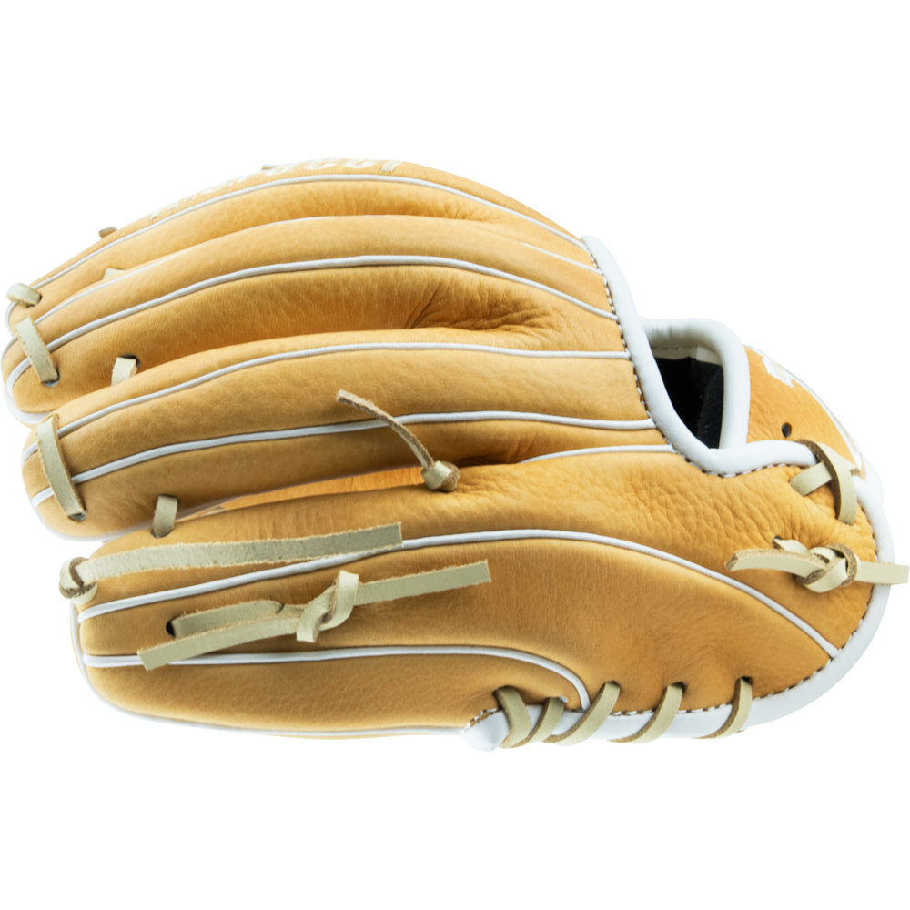 The Marucci Acadia 41A2 11" Baseball Glove (MFG2AC41A2) by Marucci is shown closed from the side, featuring tan full-grain cowhide leather with white trim and professional-grade rawhide laces against a white background.