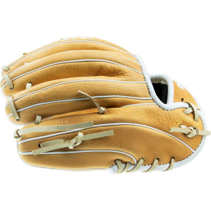 The Marucci Acadia 41A2 11" Baseball Glove (MFG2AC41A2) by Marucci is shown closed from the side, featuring tan full-grain cowhide leather with white trim and professional-grade rawhide laces against a white background.
