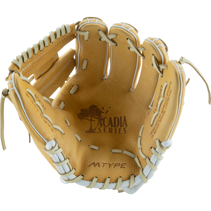 The Marucci Acadia 41A2 11" Baseball Glove by Marucci features a tan full-grain cowhide leather build, professional rawhide laces, “ACADIA SERIES” and tree logo on the palm, and “MTYPE” printed on the bottom.
