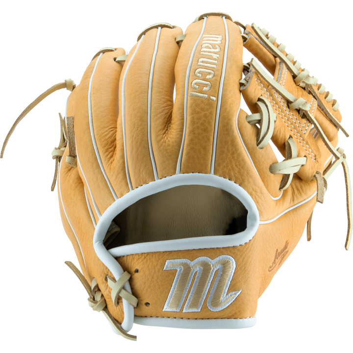 The Marucci Acadia 41A2 11" Baseball Glove (MFG2AC41A2) features tan full-grain cowhide leather, white stitching, professional-grade rawhide laces, and Marucci branding on the back and wrist, shown palm-side down on a white background.