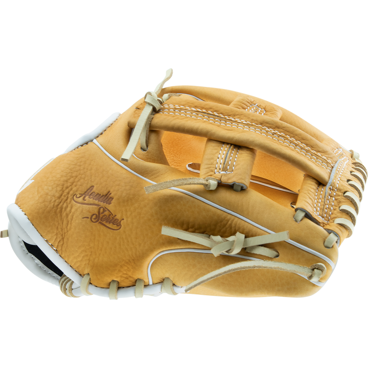 The Marucci Acadia 43A4 11.5" Baseball Glove (MFG2AC43A4) features tan full-grain cowhide leather, white professional-grade laces and stitching, "Acadia Series" embossing, a deep pocket, and detailed craftsmanship.