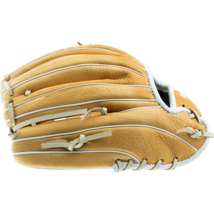 The Marucci Acadia 43A4 11.5" Baseball Glove (MFG2AC43A4) by Marucci sits on a white background, featuring full-grain cowhide leather, professional-grade laces, and durable construction.