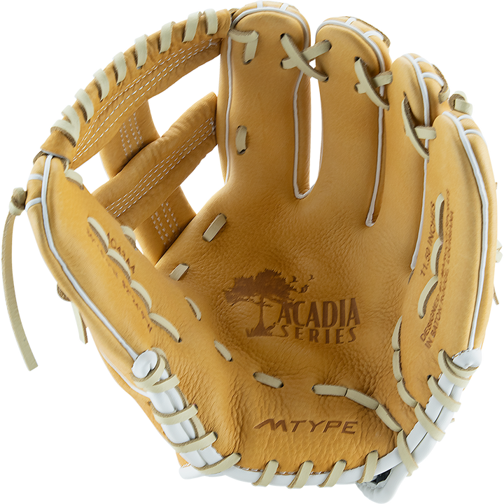 The Marucci Acadia 43A4 11.5" Baseball Glove (MFG2AC43A4) features tan full-grain cowhide leather, white pro-grade laces, open design with detailed stitching, tree logo, and ACADIA SERIES and MTYPE branding on the palm.