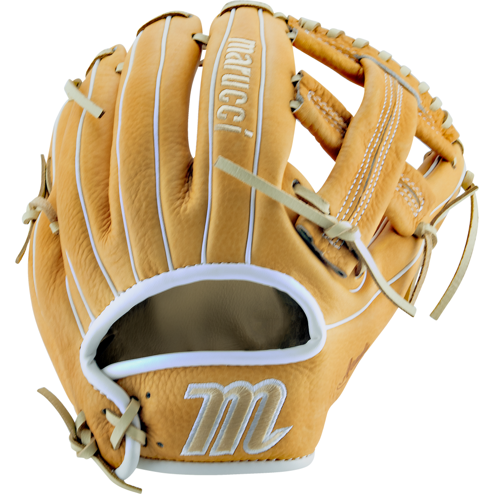 The Marucci Acadia 43A4 11.5" Baseball Glove (MFG2AC43A4) is a tan full-grain cowhide glove with white stitching, open webbing, pro-grade laces, and features the Marucci logoโshown from an angle highlighting the palm and outer edge.