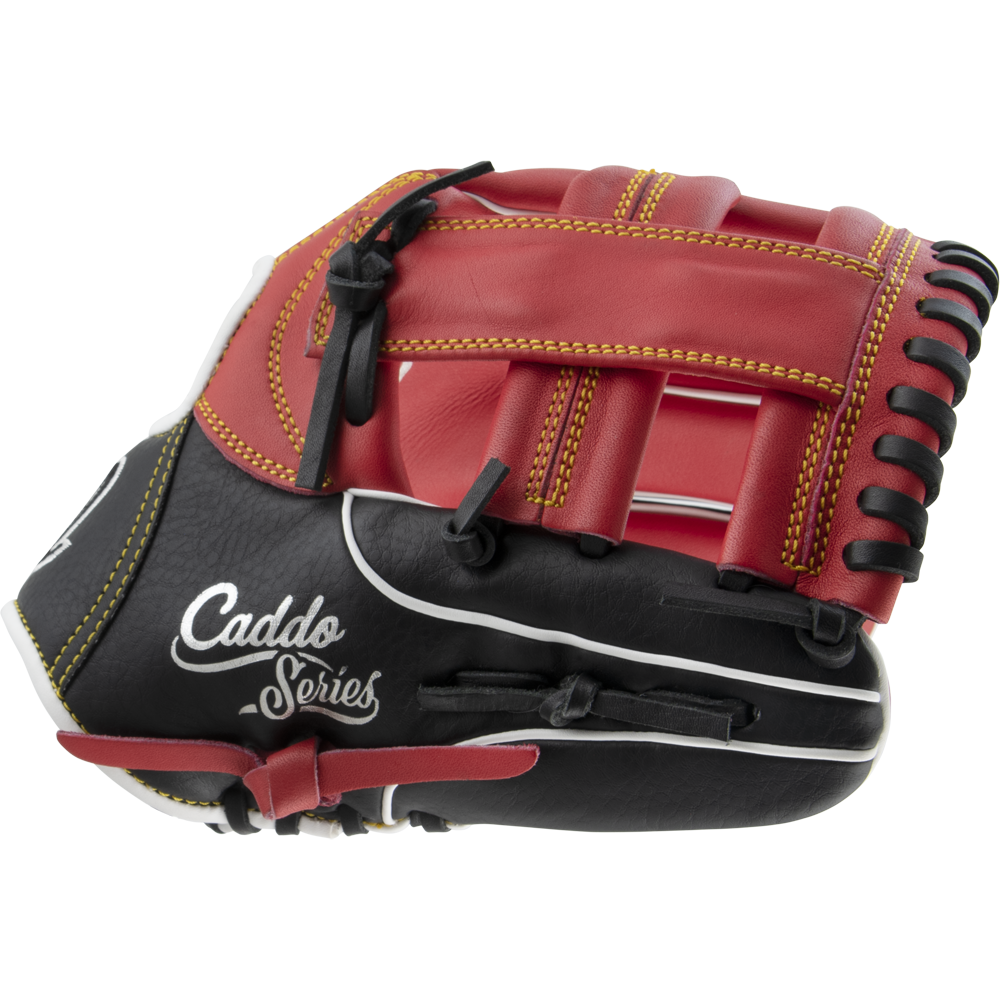 The Marucci Caddo 11" Baseball Glove (MFG2CD1100) features full-grain cowhide leather, red and black panels, yellow stitching, black laces, and “Caddo Series” in white print. Glove shown by Marucci on a plain white background.