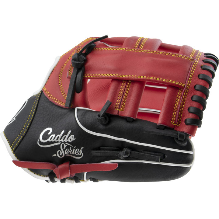 The Marucci Caddo 11" Baseball Glove (MFG2CD1100) features full-grain cowhide leather, red and black panels, yellow stitching, black laces, and “Caddo Series” in white print. Glove shown by Marucci on a plain white background.