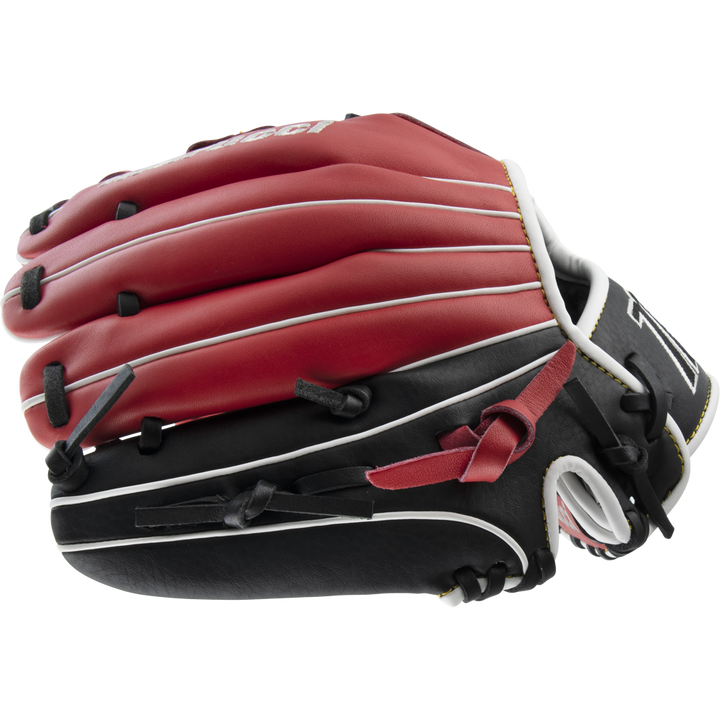 The Marucci Caddo 11" Baseball Glove (MFG2CD1100) by Marucci is shown closed in a side profile on a white background. Made from full-grain cowhide leather, it features red, black, and white accents plus an adjustable hand stall for a secure fit.