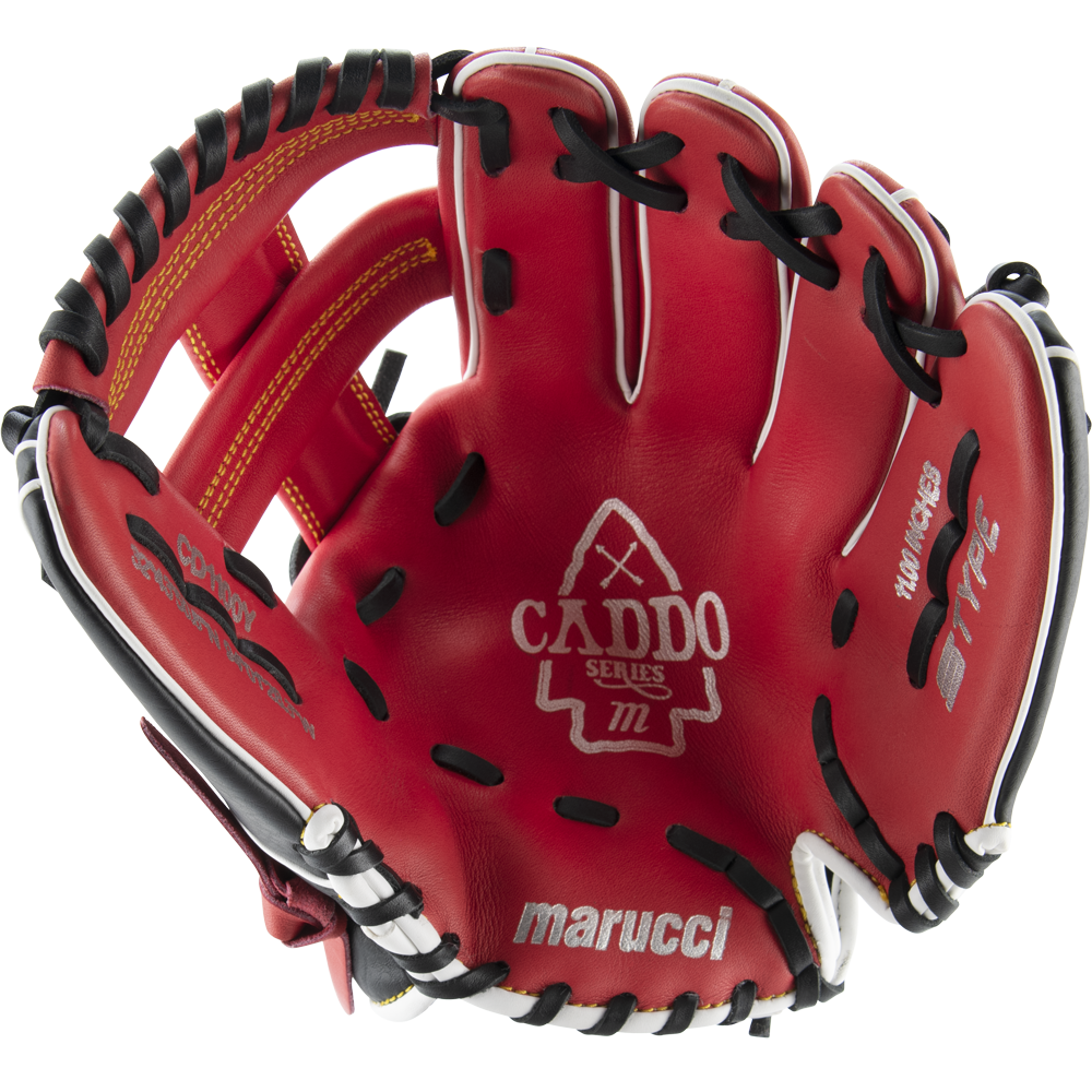 The Marucci Caddo 11" Baseball Glove (MFG2CD1100) is a red youth glove made from full-grain cowhide leather with black and white lacing and features the Marucci brand name and series logo on the palm.