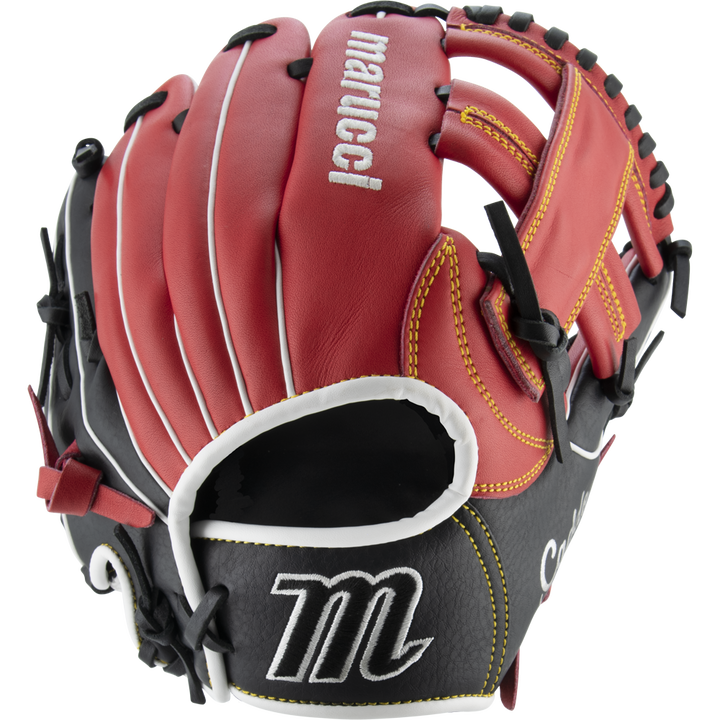 The Marucci Caddo 11" Baseball Glove: MFG2CD1100 features a red, black, and tan design in full-grain cowhide leather with white stitching and Marucci branding on the wrist and fingers, displayed against a white background.