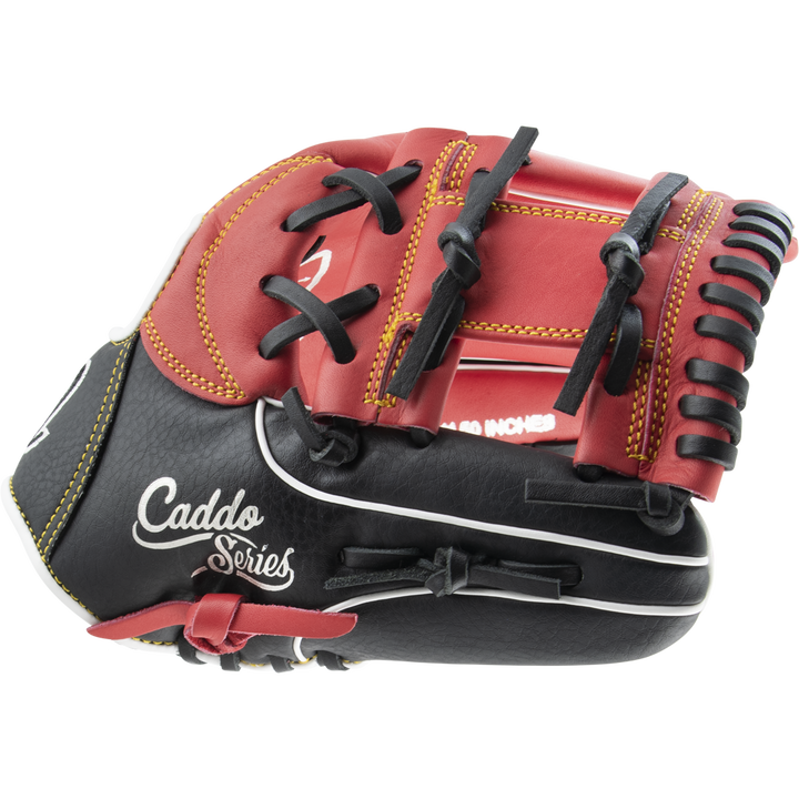 The Marucci Caddo 11.5" Baseball Glove (MFG2CD1150) features black and red full-grain cowhide leather, yellow stitching, black laces, and "Caddo Series" in white on the side, displayed on a plain white background.