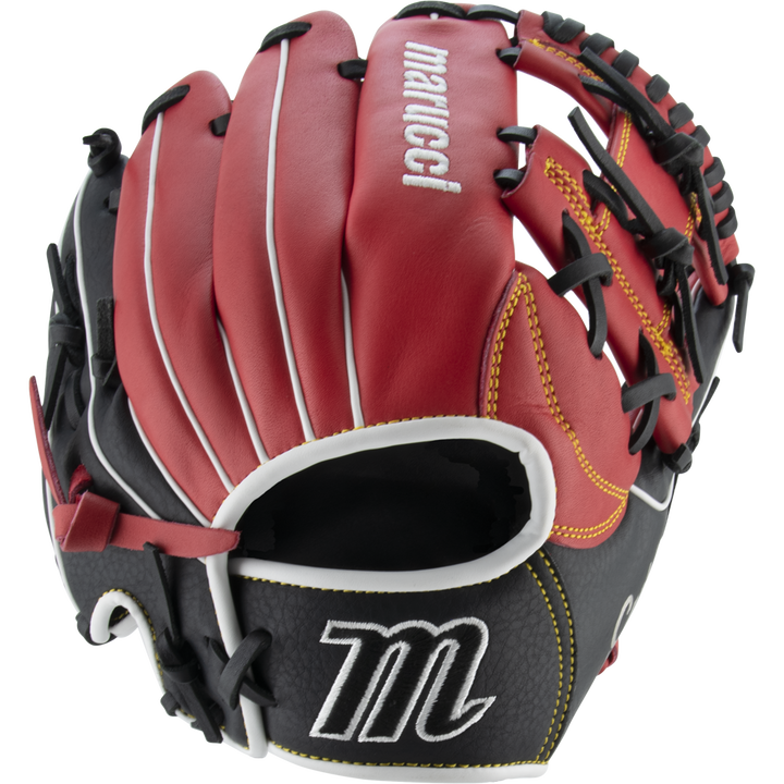 The Marucci Caddo 11.5" Baseball Glove: MFG2CD1150 features red, black, and white full-grain cowhide leather, white stitching, black laces, adjustable fit, and embroidered Marucci logos on the thumb and pinky.