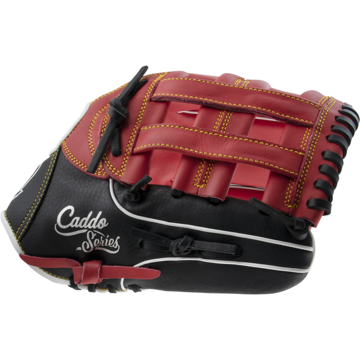 The Marucci Caddo 12" Baseball Glove (MFG2CD1200) features a black and red design with yellow stitching, a webbed pocket, full-grain cowhide leather, and "Caddo Series" scripted in white on the side. Brand: Marucci.