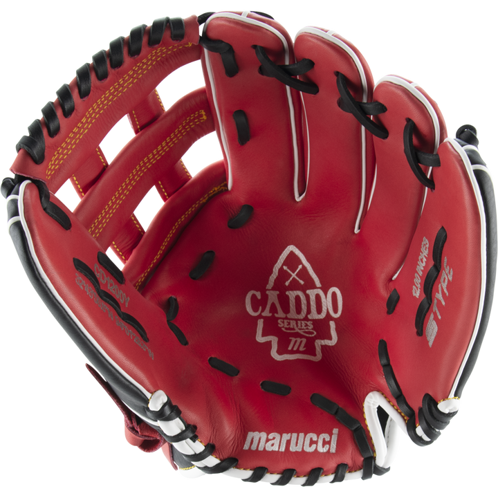 A red Marucci Caddo 12" Baseball Glove (MFG2CD1200) made from full-grain cowhide leather, with black and white lacing, is shown open and palm up to display the Marucci brand name and logo inside.