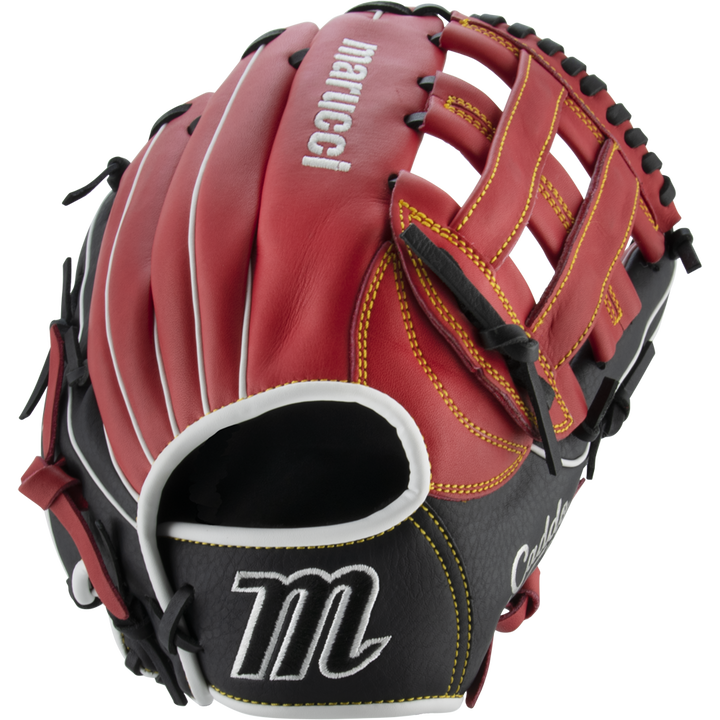 The Marucci Caddo 12" Baseball Glove (MFG2CD1200) features a red, black, and tan design with yellow stitching, open webbing, full-grain cowhide leather, and the Marucci logo displayed.