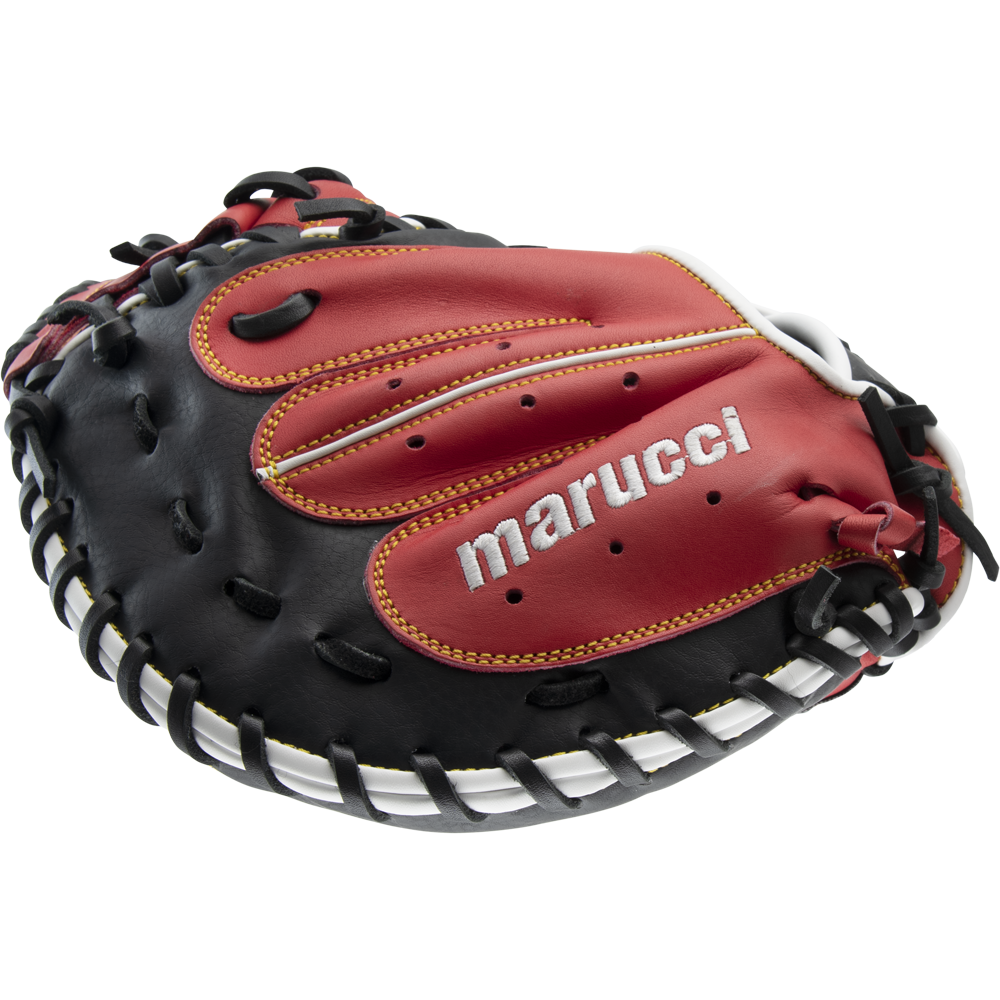 The Marucci Caddo 31" Catcher's Mitt (MFG2CD3100) features black and red full-grain cowhide leather with white stitching and laces. The Marucci logo stands out on the red leather against a white background.