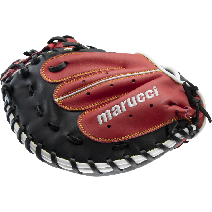 The Marucci Caddo 31" Catcher's Mitt (MFG2CD3100) features black and red full-grain cowhide leather with white stitching and laces. The Marucci logo stands out on the red leather against a white background.