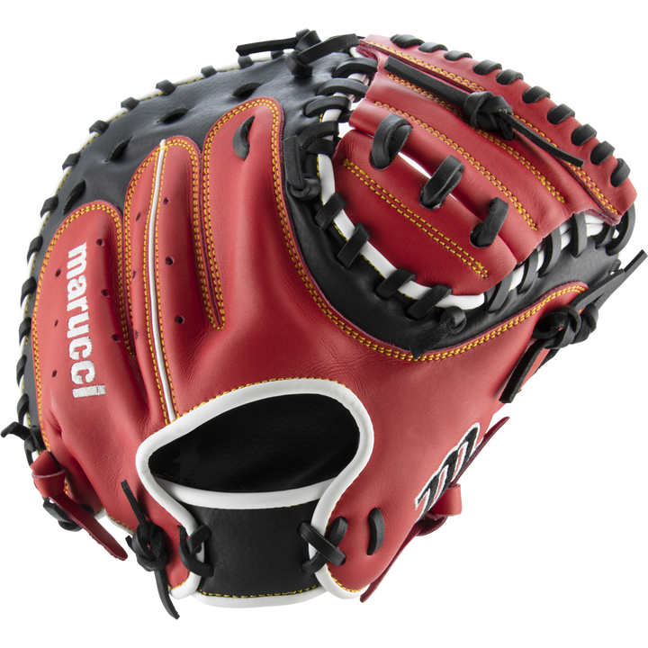 A Marucci Caddo 31" Baseball Catcher's Mitt (MFG2CD3100), featuring red and black full-grain cowhide leather with yellow stitching and black laces, is displayed on a white background.