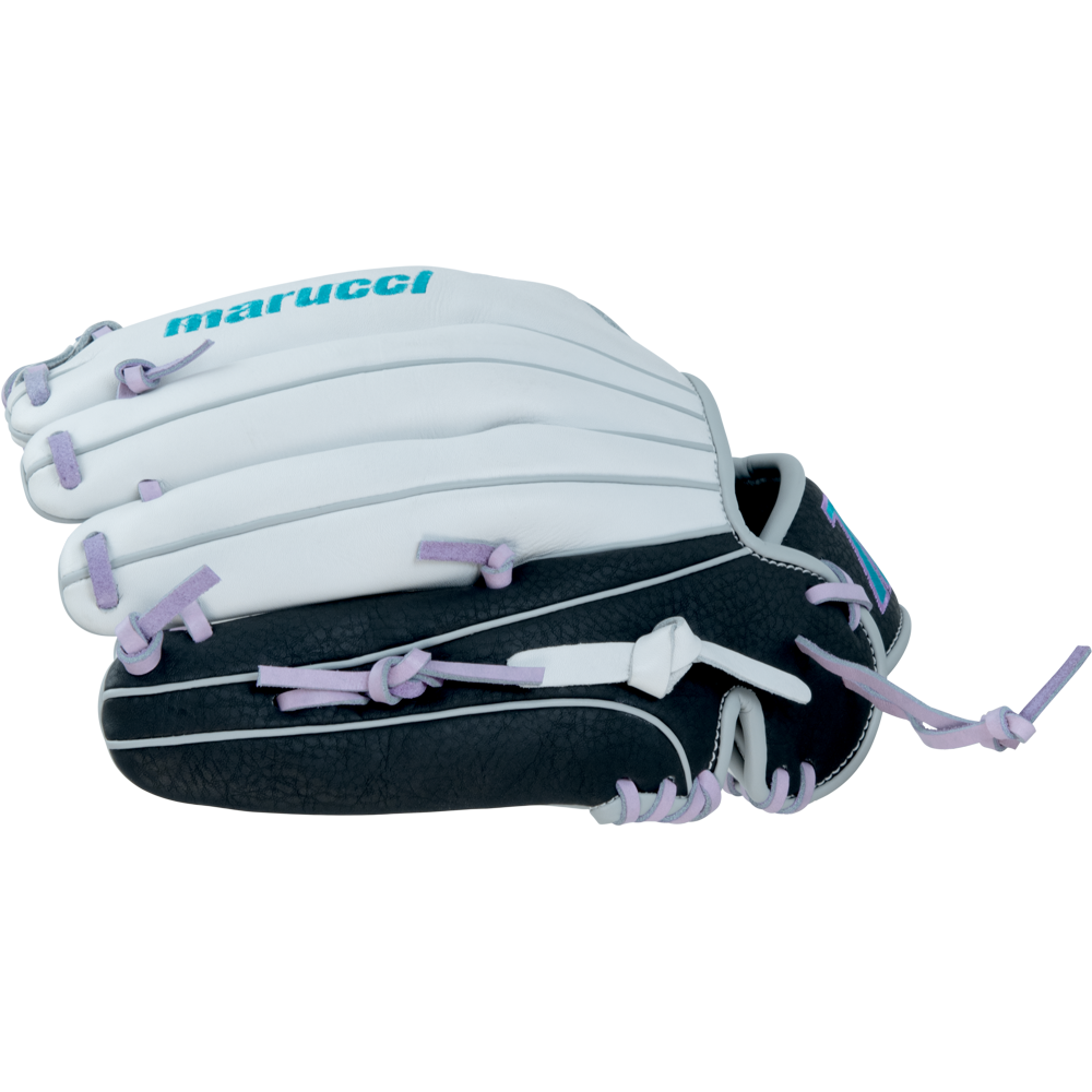 The Marucci Caddo 12" Fastpitch Glove (MFG2CDFP12-W/LP) is a youth glove in white and black, with light purple laces and blue Marucci branding on the back, shown from a side view.