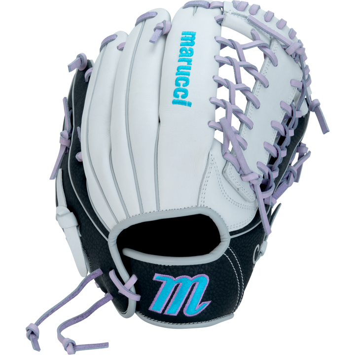 The Marucci Caddo 12" Fastpitch Glove (MFG2CDFP12-W/LP) features a white and black design, purple laces, and teal and pink Marucci branding—ideal for youth baseball or fastpitch softball players.