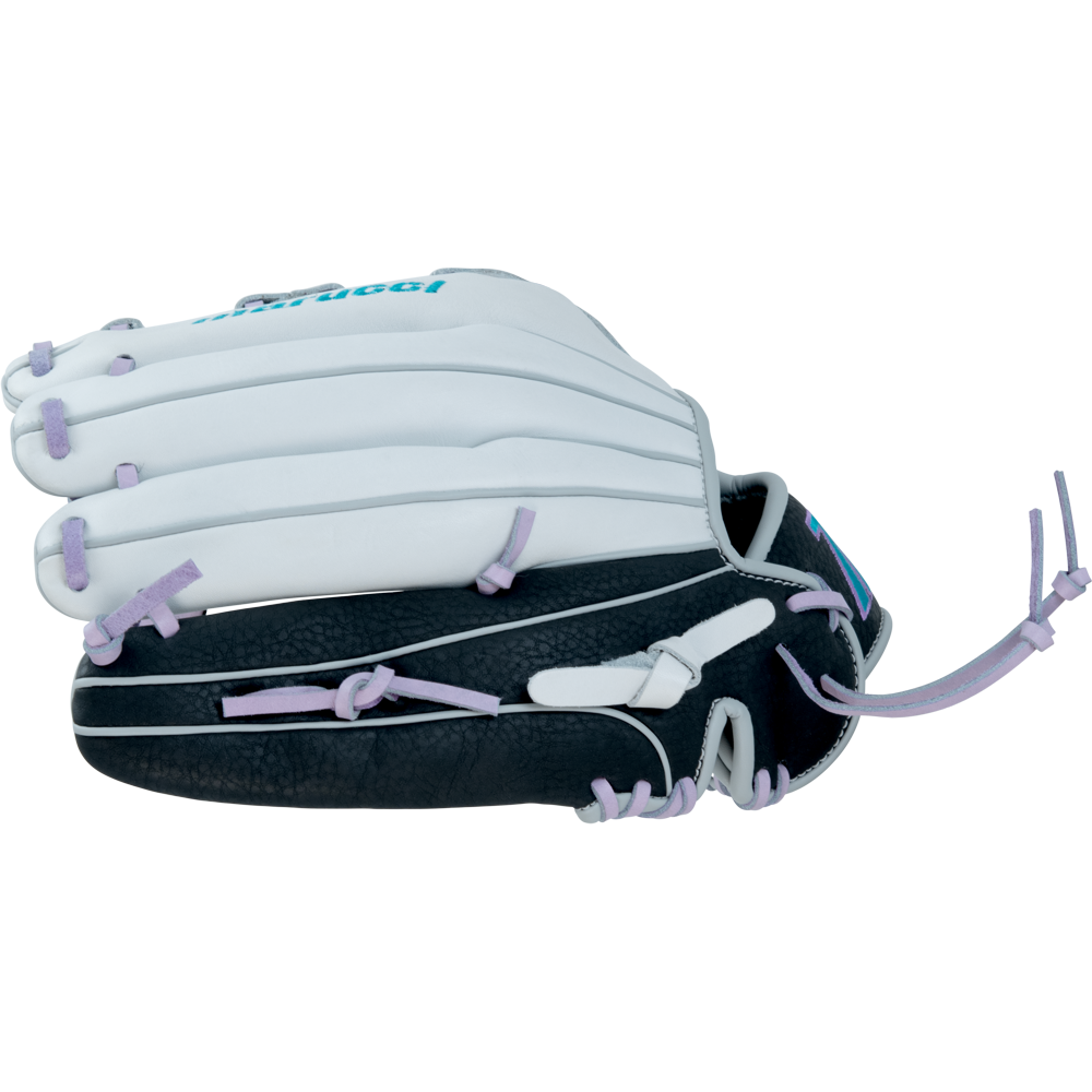 The Marucci Caddo 12.5" Fastpitch Glove (MFG2CDFP125-W/LP) features a black and white design with light purple laces, shown on its side to display the pocket and fingers—perfect as a youth softball glove.