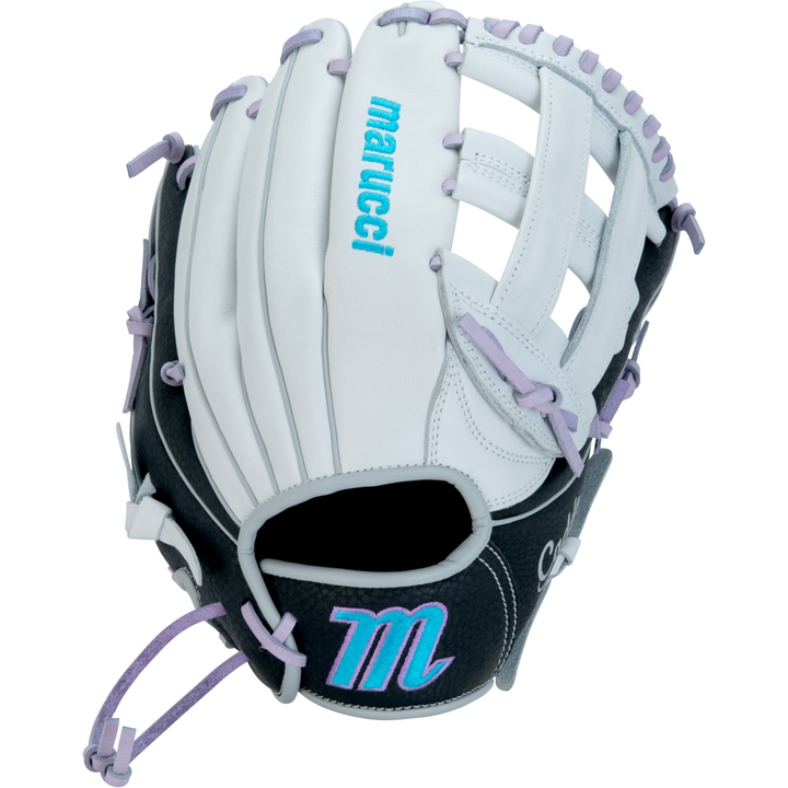 The Marucci Caddo 12.5" Fastpitch Glove (MFG2CDFP125-W/LP) features a white and black design, light purple laces, turquoise Marucci branding on the thumb, a large stitched M logo on the wrist, and an H-web.