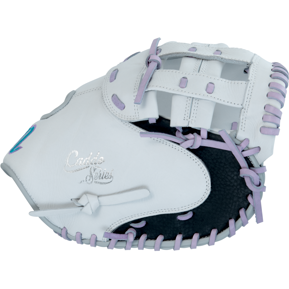 The Marucci Caddo 33" Fastpitch Catcher's Mitt (MFG2CDFP33-W/LP) features a white and black design with light purple lacing—perfect for youth fastpitch softball catchers.