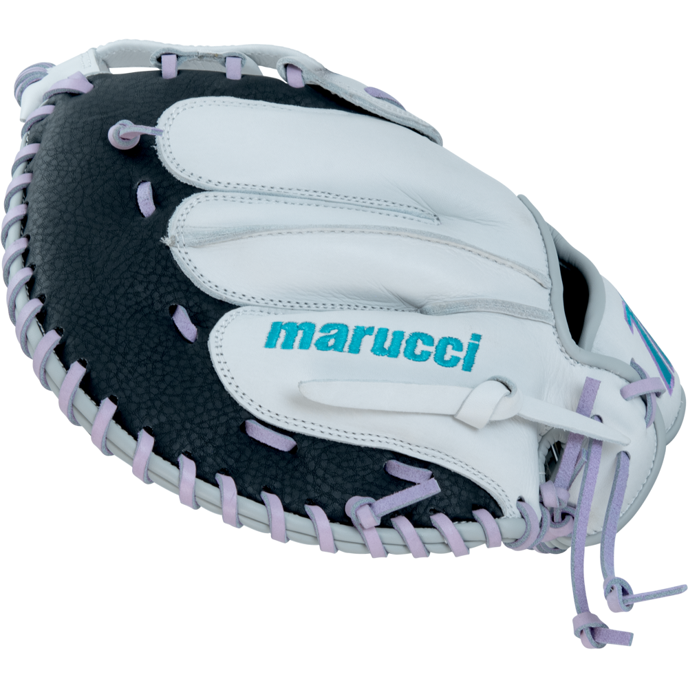 The Marucci Caddo 33" Fastpitch Catcher's Mitt (MFG2CDFP33-W/LP) features a white and black design with light purple laces and turquoise branding, displayed on a plain white background.