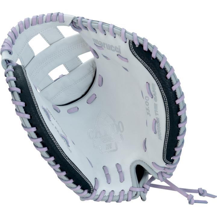 The Marucci Caddo 33" Fastpitch Catcher's Mitt (MFG2CDFP33-W/LP) features a white design with purple laces and black accents, an open display showing branding and stitching—ideal for fastpitch softball catchers.