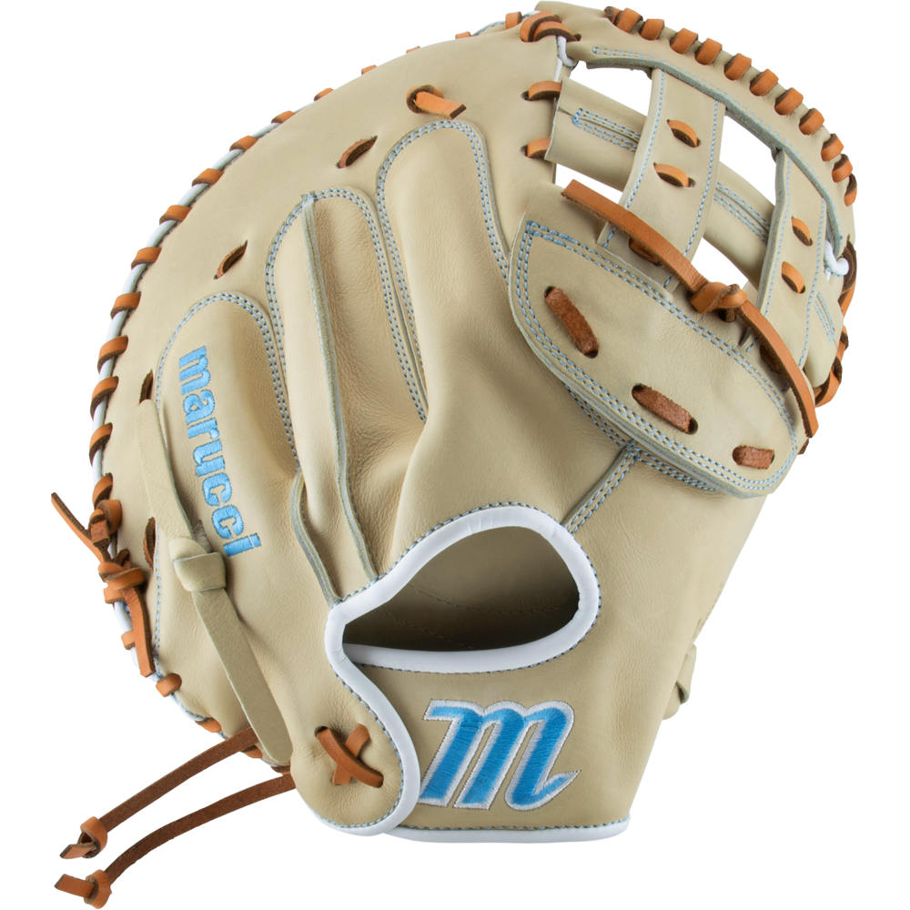 The Marucci Acadia 230C2 33.5" Fastpitch Catcher's Mitt features a beige and tan design with brown laces, light blue Marucci embroidery, a blue M logo by the wrist, and is crafted from durable full-grain cowhide leather.