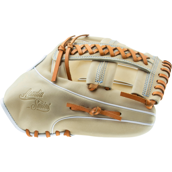 The Marucci Acadia 45A5 12" Fastpitch Glove (MFG3AC45A5FP-CM) features a tan and cream design with brown laces, a braided post web, white stitching, and the Acadia Series logo embossed on the side, displayed against a plain white background.