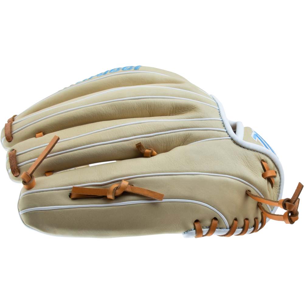 The Marucci Acadia 45A5 12" Fastpitch Glove (MFG3AC45A5FP-CM) is shown from the side, featuring tan leather with white trim and brown laces, and a braided post web, against a white background.