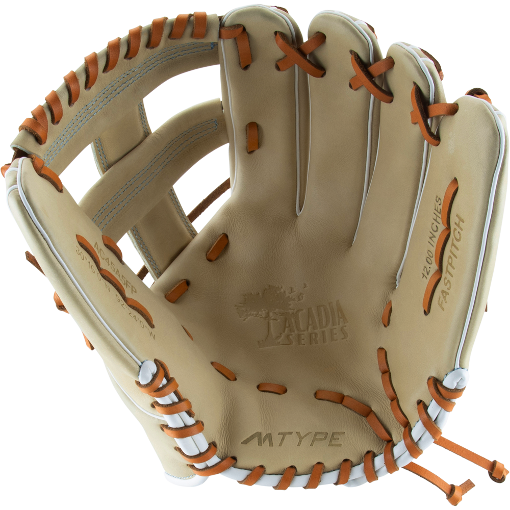 The Marucci Acadia 45A5 12" Fastpitch Glove (MFG3AC45A5FP-CM) features tan leather with orange lacing, detailed stitching, and a braided post open web. "ACADIA SERIES," "FASTPITCH," "12.0 INCHES," and "MTYPE" stamps are on the palm.