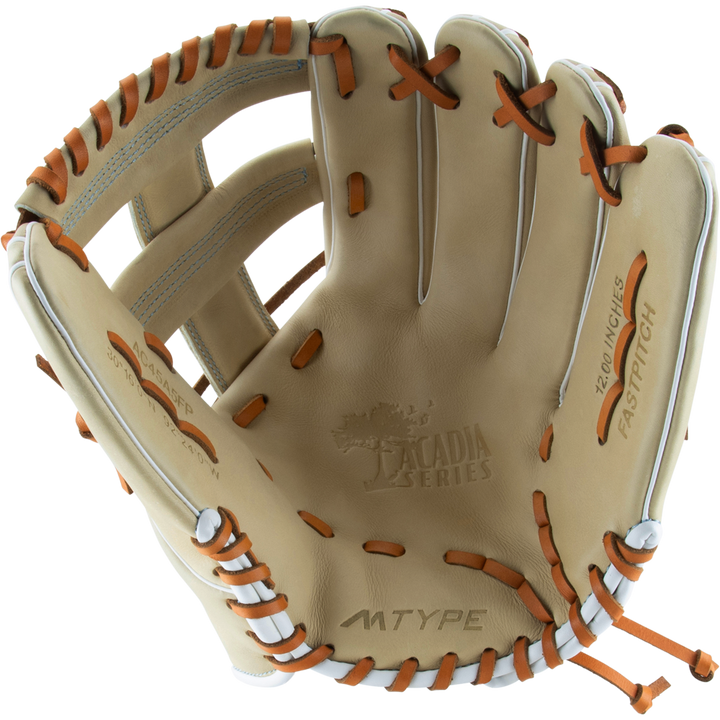 The Marucci Acadia 45A5 12" Fastpitch Glove (MFG3AC45A5FP-CM) features tan leather with orange lacing, detailed stitching, and a braided post open web. "ACADIA SERIES," "FASTPITCH," "12.0 INCHES," and "MTYPE" stamps are on the palm.