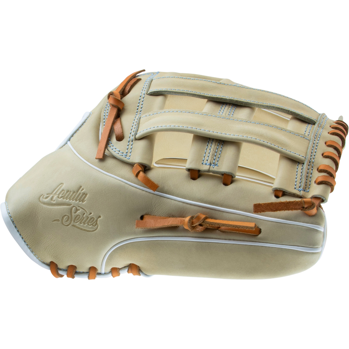 The Marucci Acadia 97R3 12.5" Fastpitch Glove features a tan and cream design with brown laces, H-Web, light blue stitching, and "Acuña Series" embossed on the side. Brand: Marucci. Model: MFG3AC97R3FP-CM.