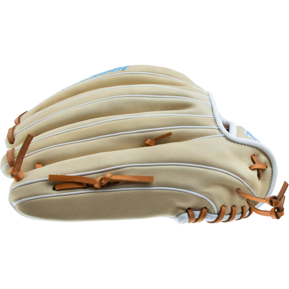 The Marucci Acadia 97R3 12.5" Fastpitch Glove (MFG3AC97R3FP-CM) features a tan H-Web design, white piping, and brown leather laces, displayed from the side on a plain white background. Brand: Marucci.